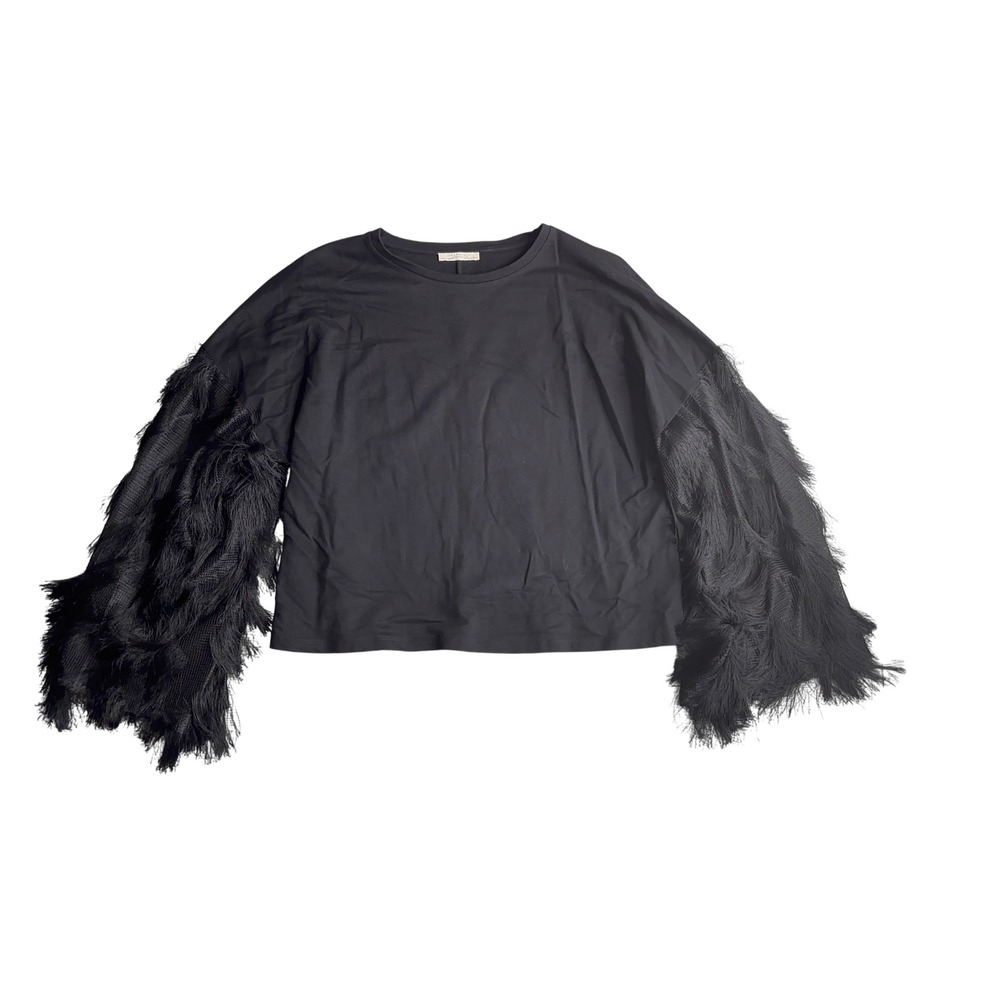 Zara Trafaluc Black Long Sleeve Fringe Statement Top, Size M